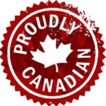 Red Proudly Canadian Stamp with Maple Leaf Symbol